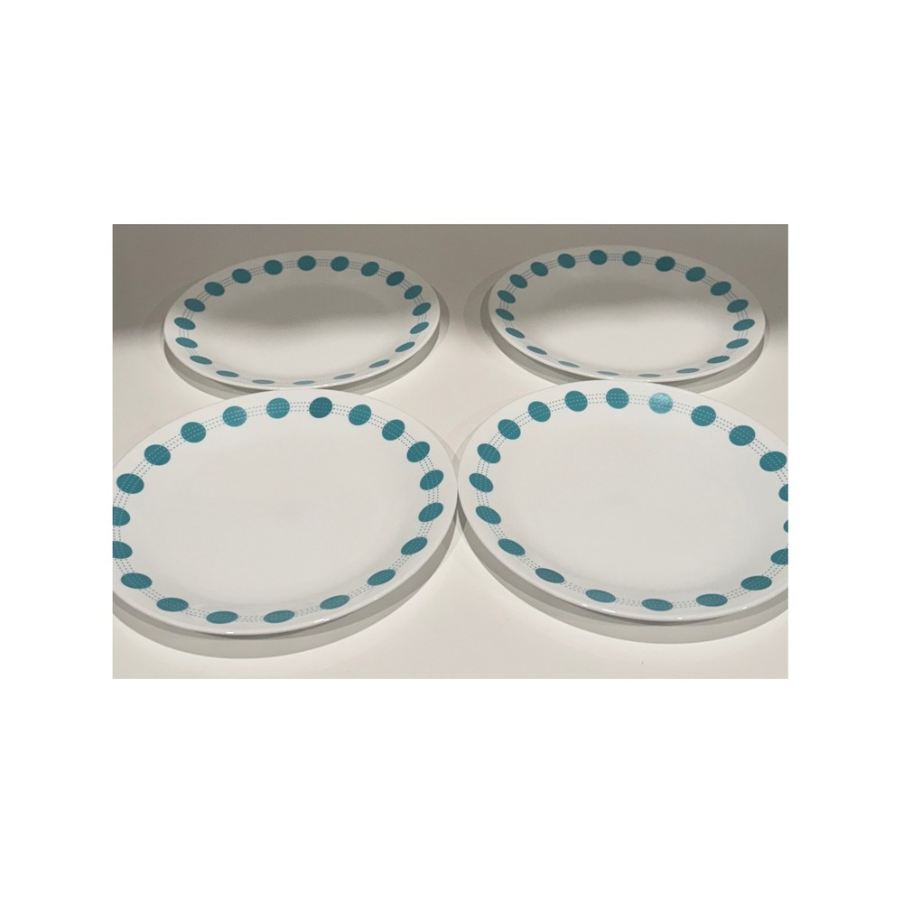 Corelle Vitrelle South Beach Teal Dot Dinner Plates Set of 4 Retro 10 1/4"
